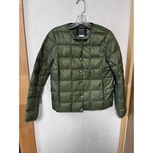 TAION Down Jacket Women Olive Green Quilted Snap Front Round Neck Lightweight S